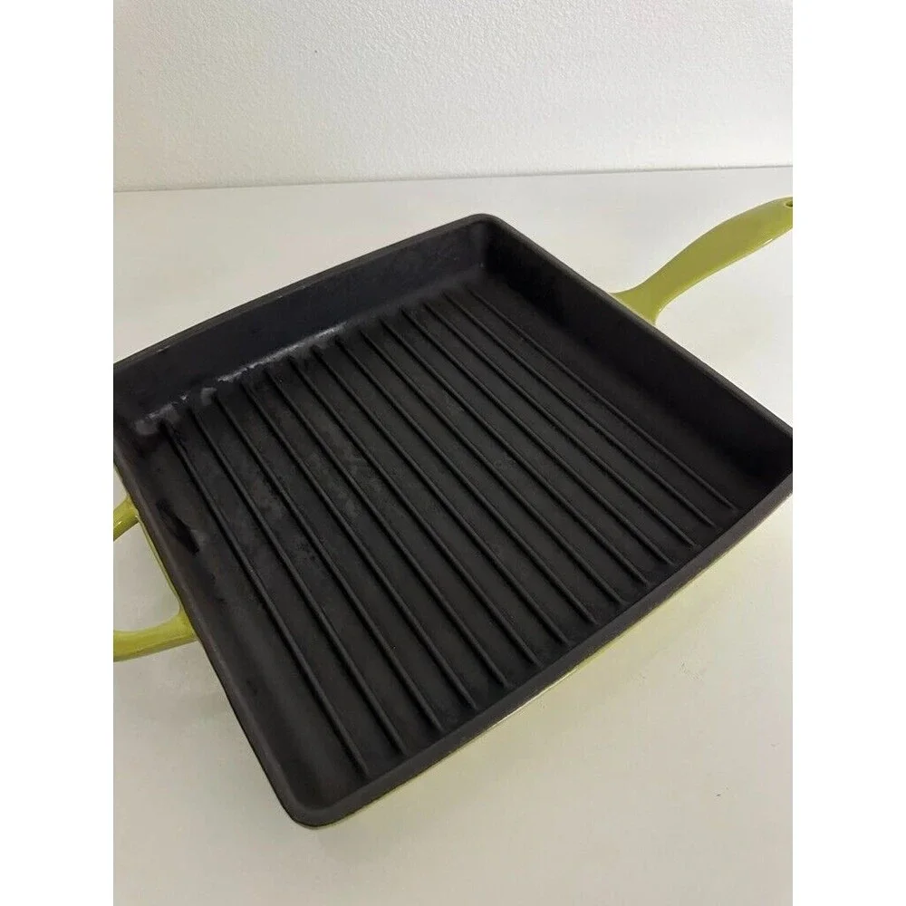 11” Mario Batali Green Enameled Cast Iron Grill Pan Panini Press with Lid Logo